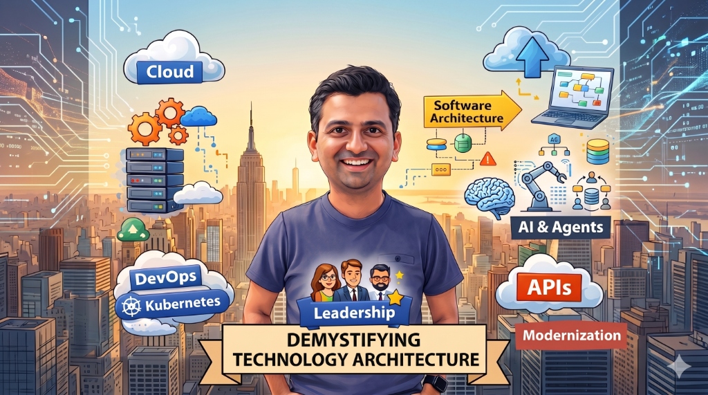 Infographic featuring AI, Agents, Serverless, Cloud, Software Architecture, DevOps, Kubernetes, and APIs
